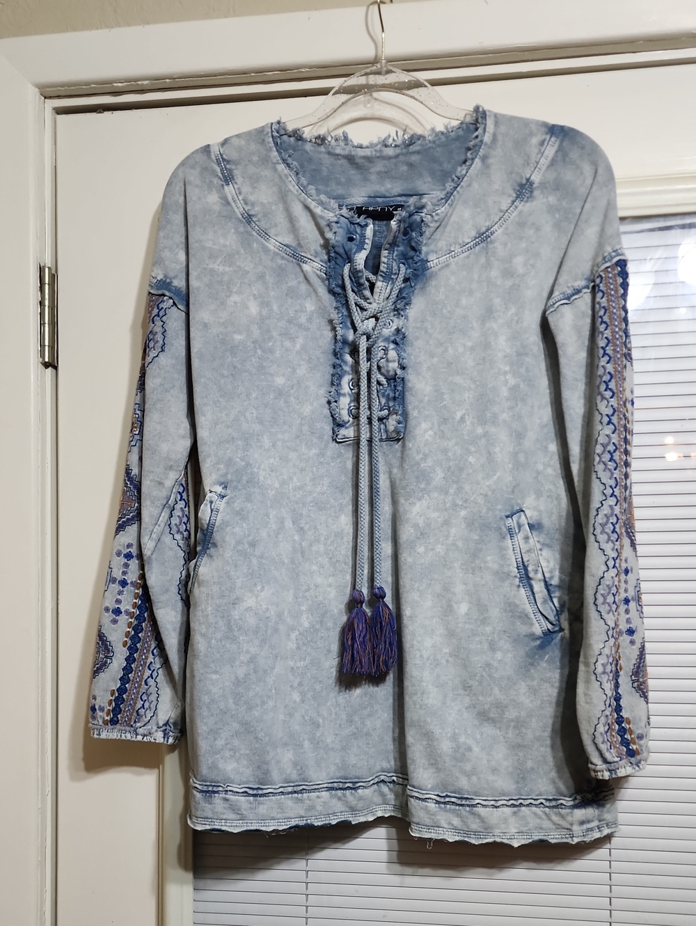 Washed Light Blue Embroidered Tie-Front Tunic
